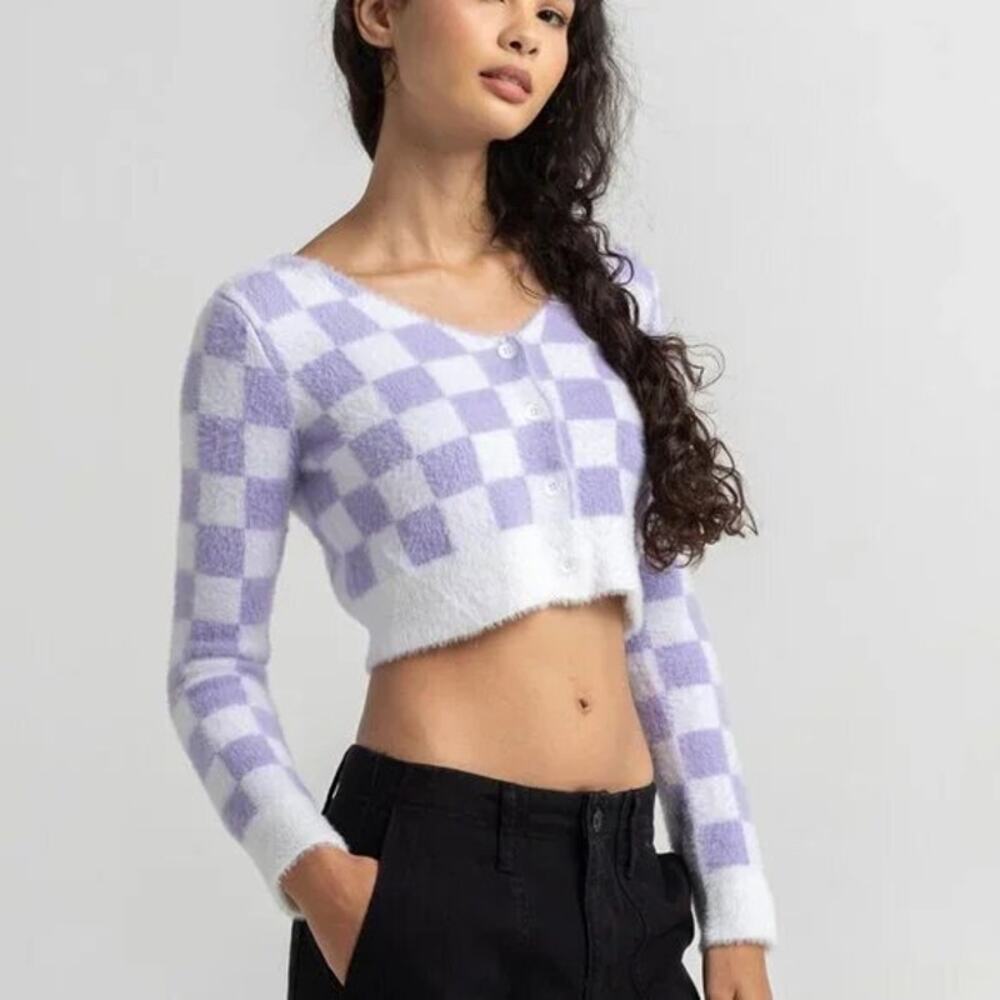 Timing Checkered Fuzzy Crop Cardigan Size M Lavender Long Sleeve Nylon Sweater